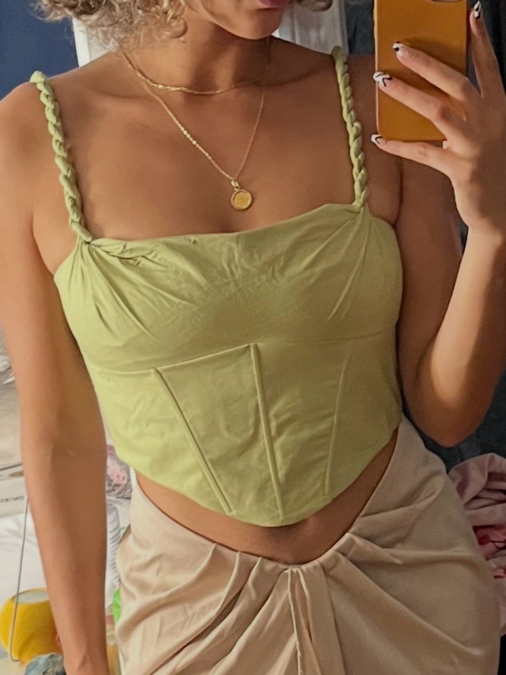 Oh Polly Light Green Braided-Strap Corset Camisole